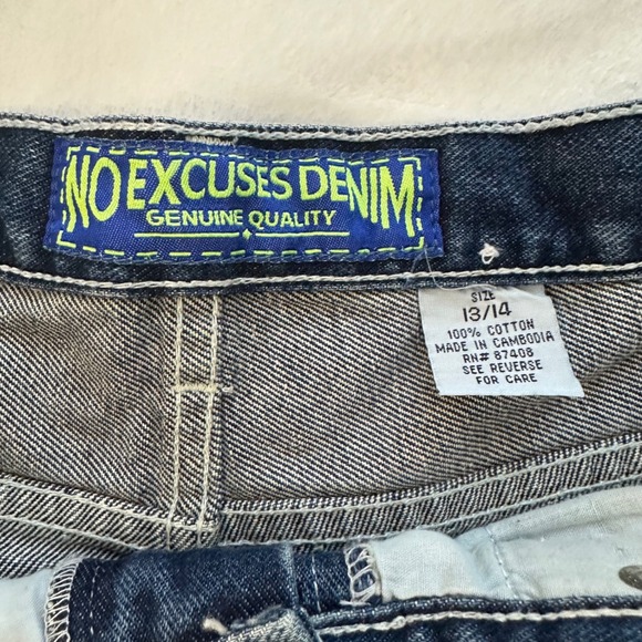 Vintage Y2K No Excuses Denim Shorts Women 13/14 32"Blue Neon Stripe High Waisted - Picture 6 of 8